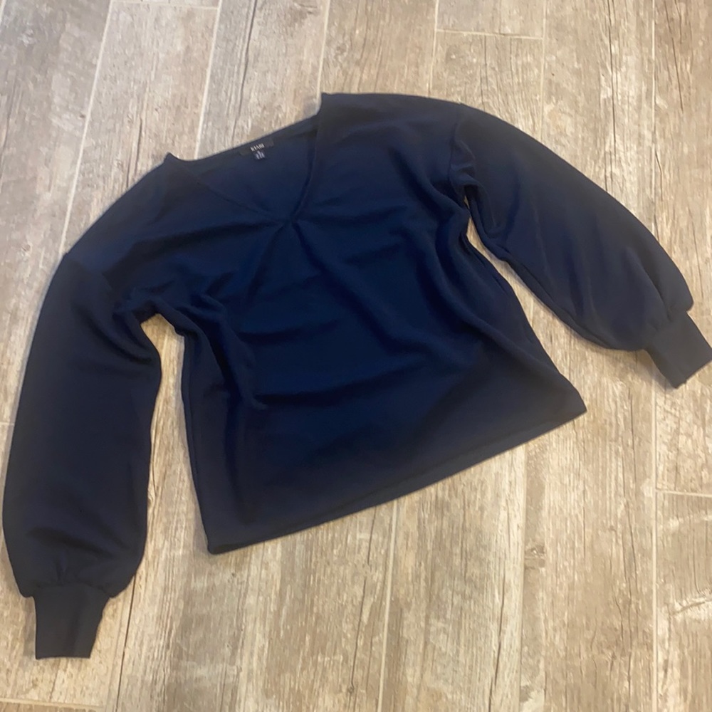 Kiabi Dark Blue Balloon Sleeve V-Neck Top
